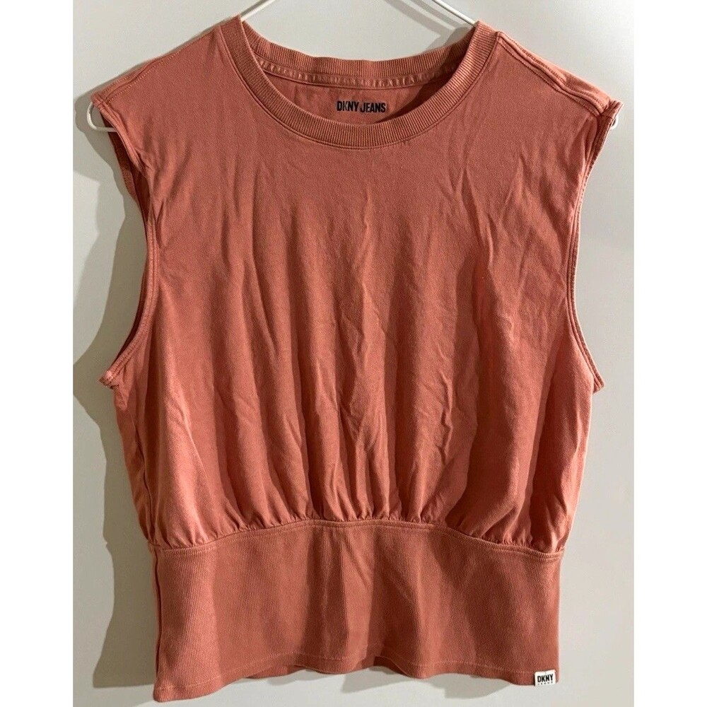 DKNY Jeans Womenโs Top L Pink Solid Crew Neck Sleeveless Pullover
